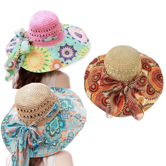 Retro Colorful Geo Wide Brim Summer Straw Crochet Sun Hat NEW - Picture 4 of 4